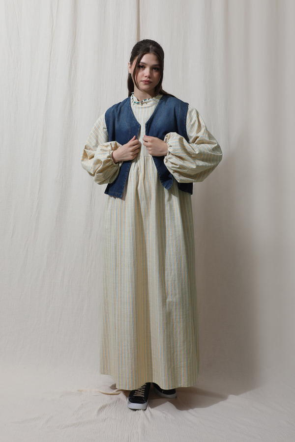 Çizgili Keten Elbise Bebe Mavisi - 5