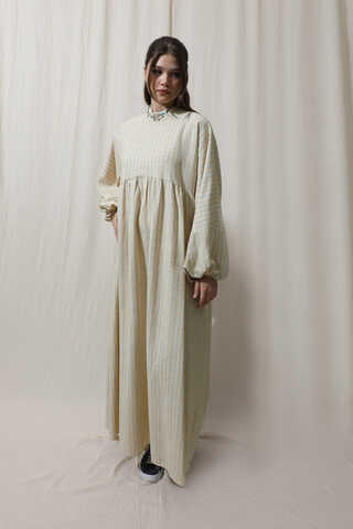 Çizgili Keten Elbise Bebe Mavisi - 3