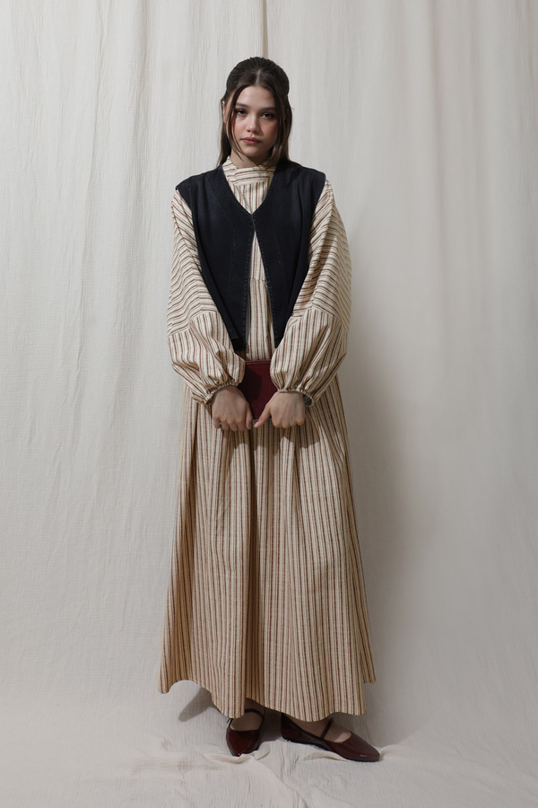 Çizgili Keten Elbise Bordo - 3