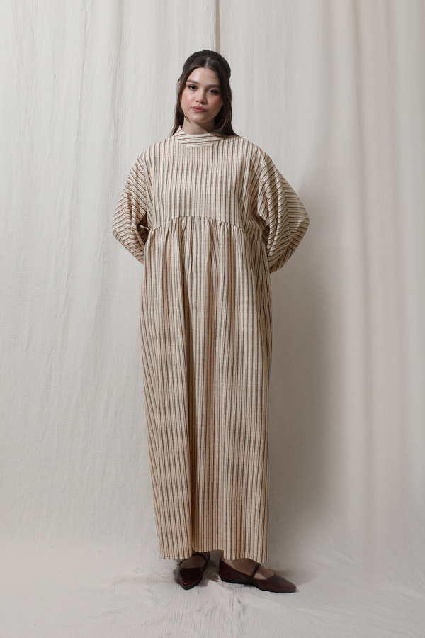 Çizgili Keten Elbise Bordo - 5