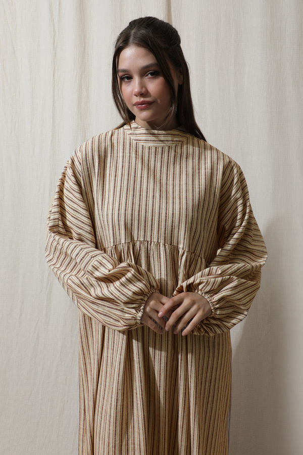 Çizgili Keten Elbise Bordo - 2