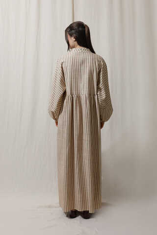 Çizgili Keten Elbise Bordo - 7