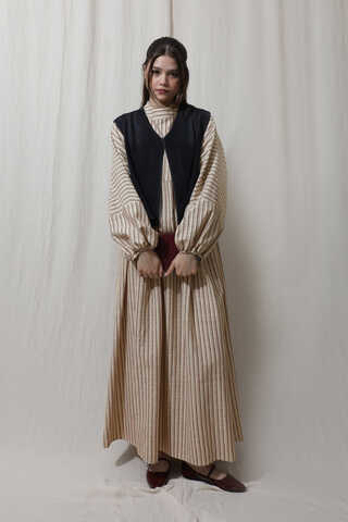 Çizgili Keten Elbise Bordo - 3