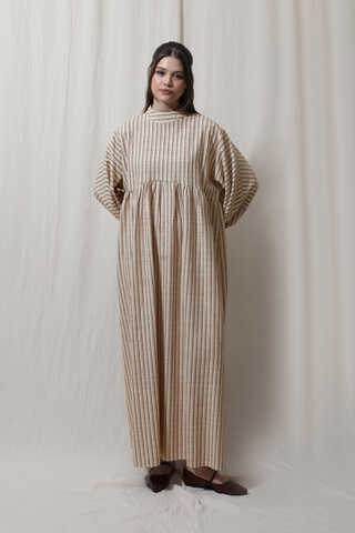 Çizgili Keten Elbise Bordo - 5