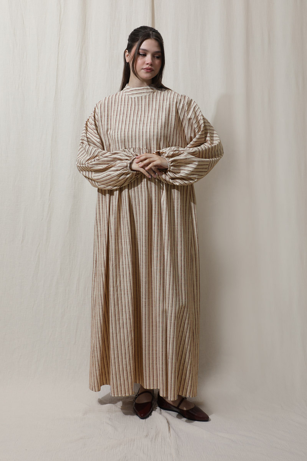 Çizgili Keten Elbise Bordo - 6