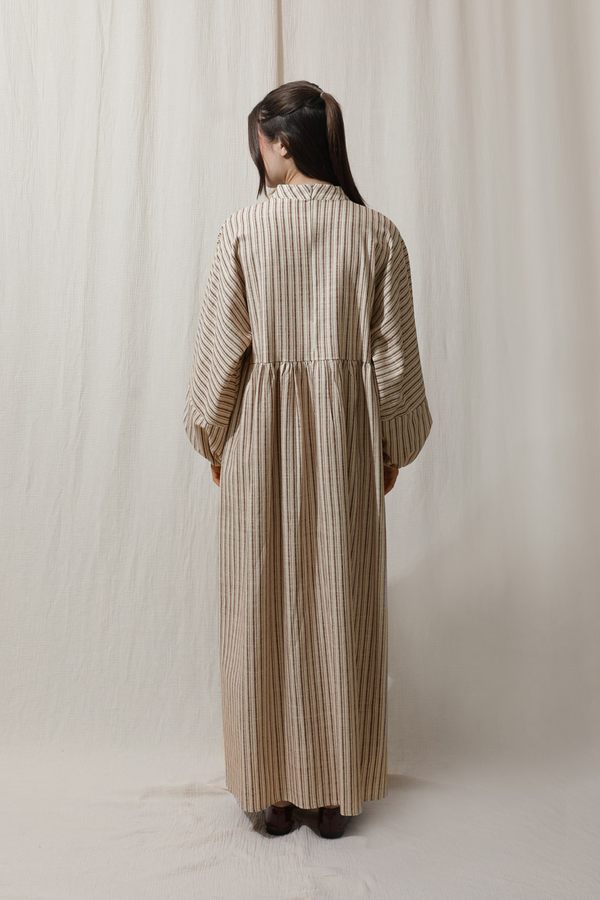 Çizgili Keten Elbise Bordo - 7