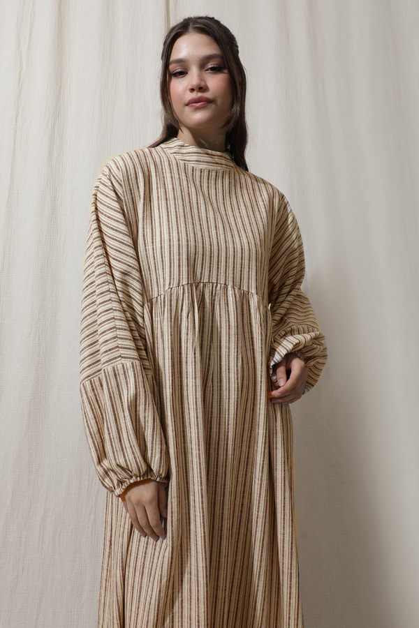 Çizgili Keten Elbise Bordo - 4