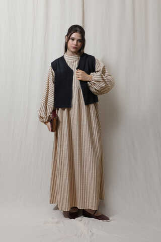 Çizgili Keten Elbise Bordo - 1