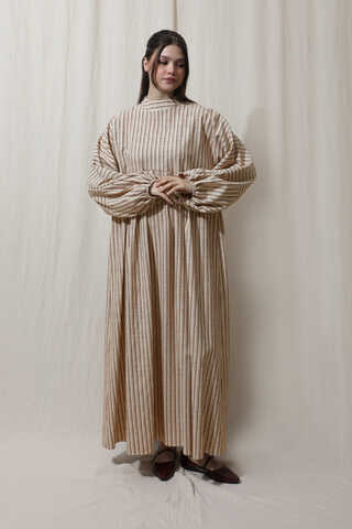 Çizgili Keten Elbise Bordo - 6