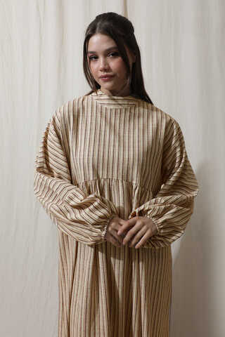 Çizgili Keten Elbise Bordo - 2