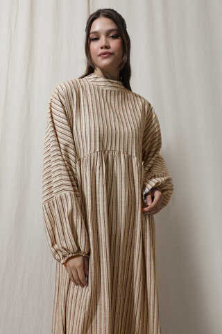 Çizgili Keten Elbise Bordo - 4