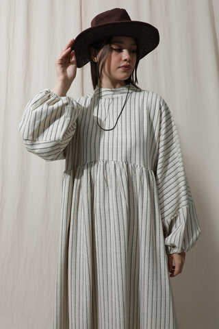 Çizgili Keten Elbise Haki - 3