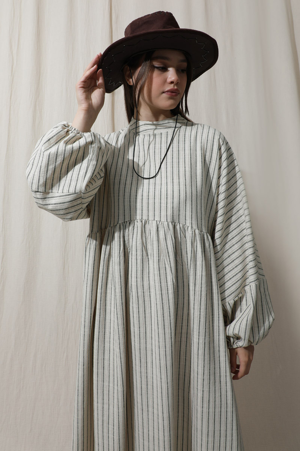 Çizgili Keten Elbise Haki - 3