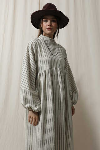 Çizgili Keten Elbise Haki - 1