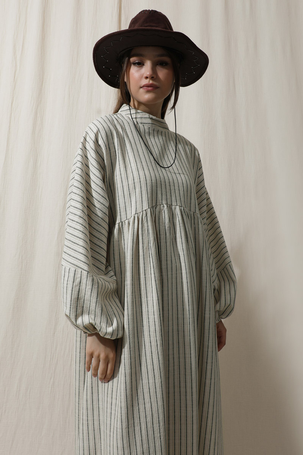 Çizgili Keten Elbise Haki - 1