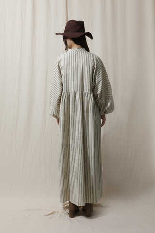 Çizgili Keten Elbise Haki - 6