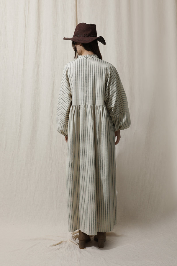 Çizgili Keten Elbise Haki - 6