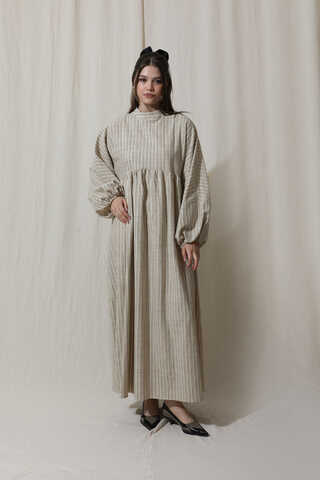 Çizgili Keten Elbise Vizon - 1
