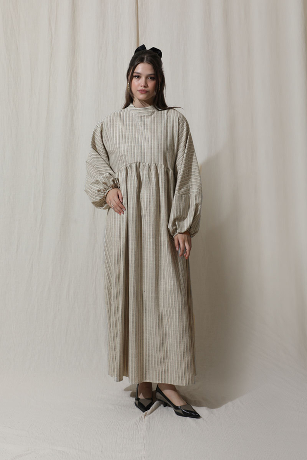Çizgili Keten Elbise Vizon - 1