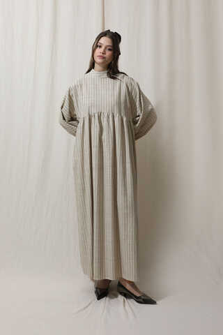 Çizgili Keten Elbise Vizon - 3