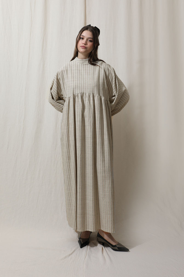 Çizgili Keten Elbise Vizon - 3