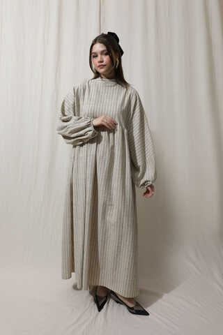 Çizgili Keten Elbise Vizon - 5