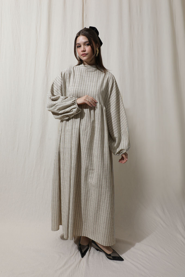 Çizgili Keten Elbise Vizon - 5