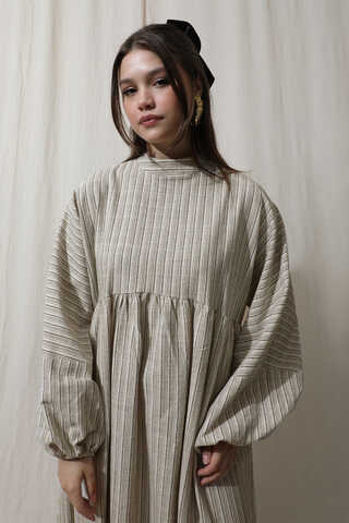 Çizgili Keten Elbise Vizon - 4