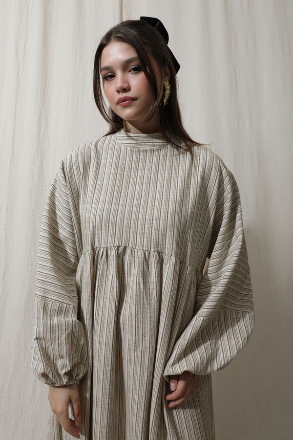 Çizgili Keten Elbise Vizon - 4
