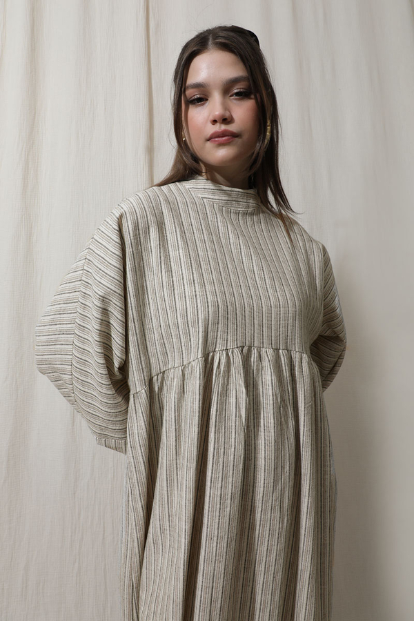 Çizgili Keten Elbise Vizon - 6
