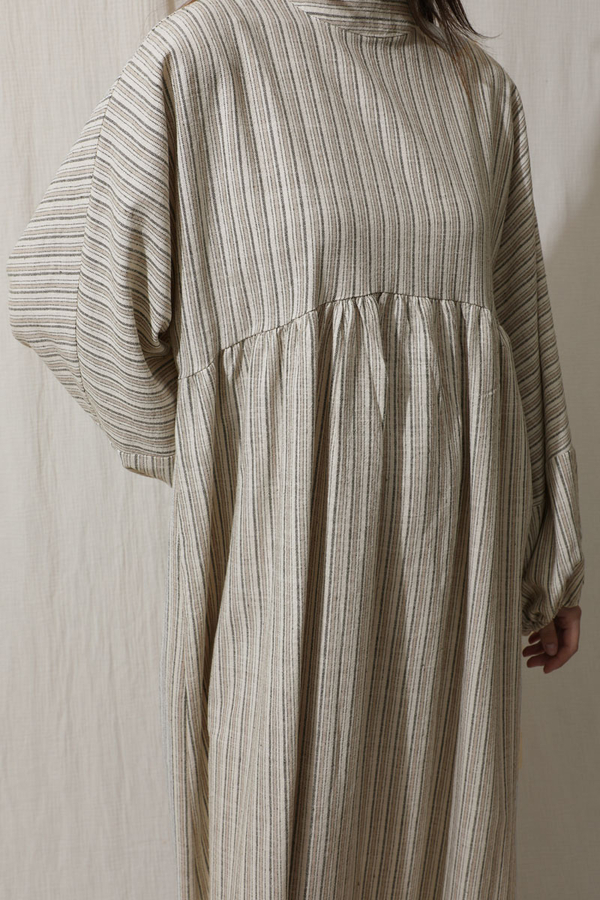 Çizgili Keten Elbise Vizon - 2