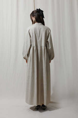 Çizgili Keten Elbise Vizon - 7