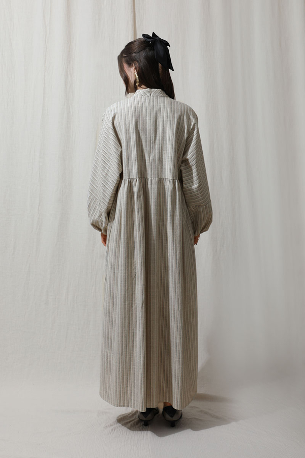 Çizgili Keten Elbise Vizon - 7