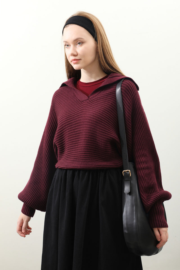 Yarasa Kol Kısa Kazak Bordo - 6