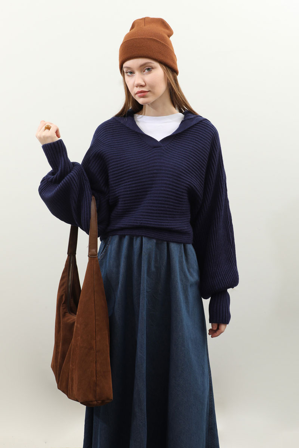 Yarasa Kol Kısa Kazak Lacivert - 3