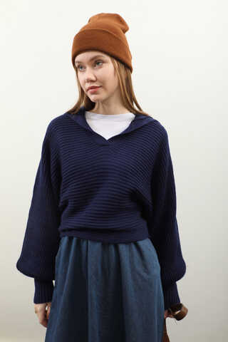 Yarasa Kol Kısa Kazak Lacivert - 5