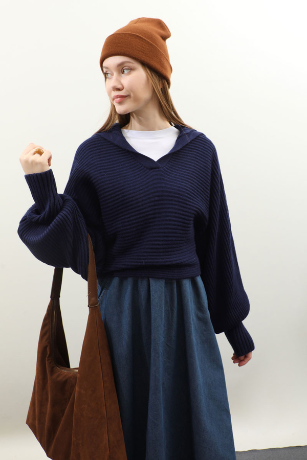 Yarasa Kol Kısa Kazak Lacivert - 4