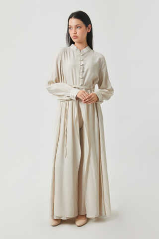 Yarım Düğmeli Abaya Takım Ekru - 5