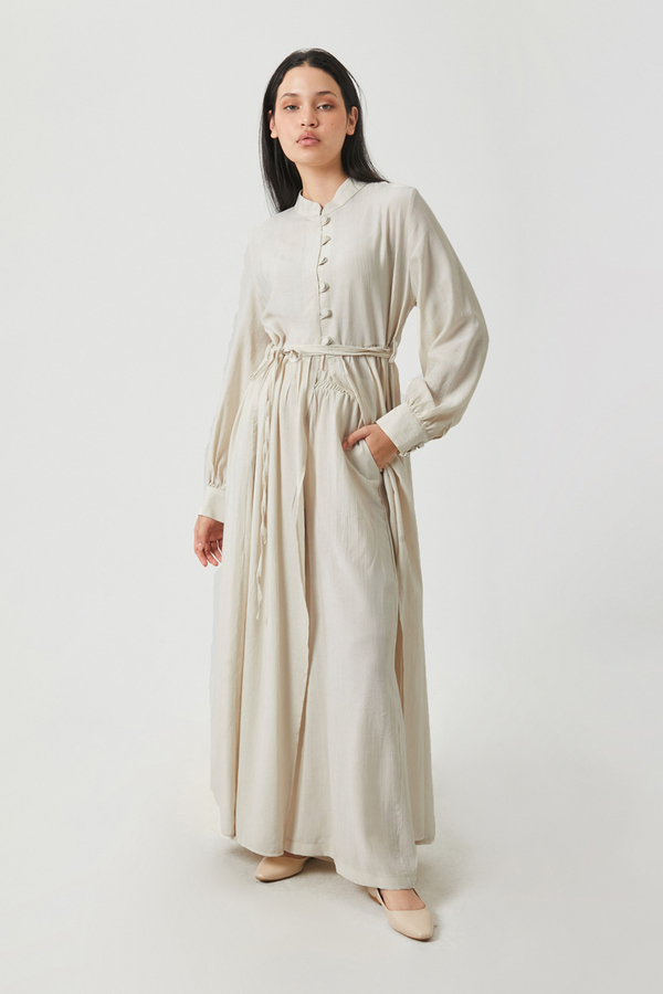 Yarım Düğmeli Abaya Takım Ekru - 10