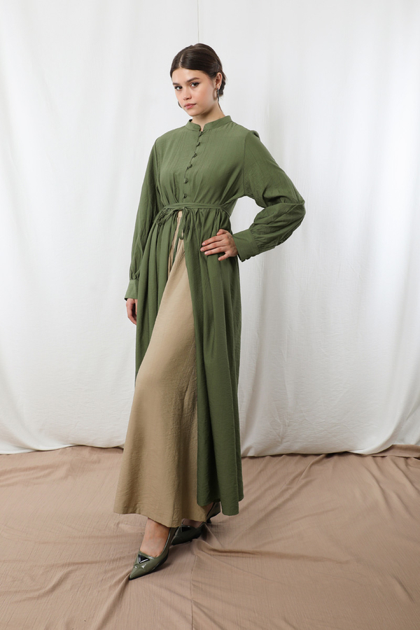 Yarım Düğmeli Abaya Takım Haki Bej - 1