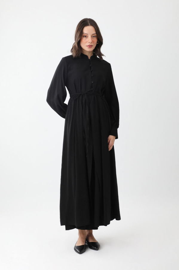 Yarım Düğmeli Abaya Takım Siyah - 1