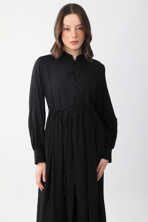 Yarım Düğmeli Abaya Takım Siyah - 4