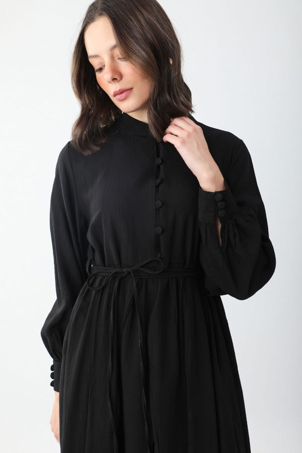 Yarım Düğmeli Abaya Takım Siyah - 5