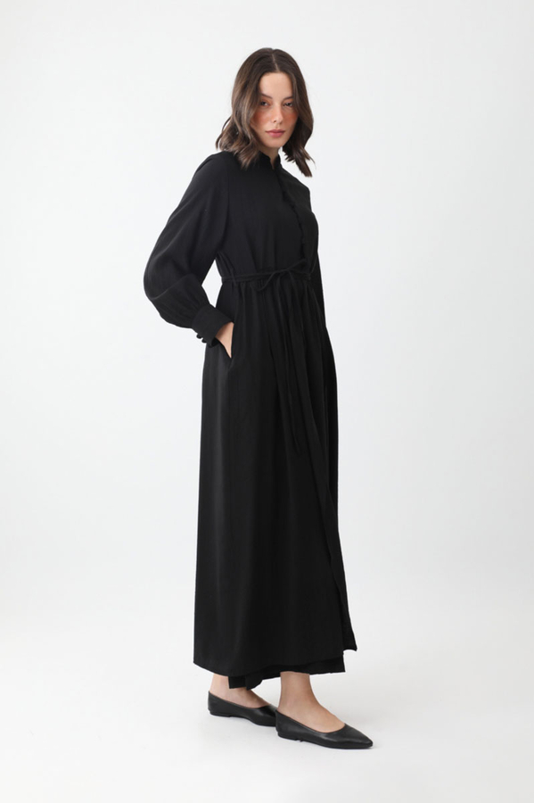Yarım Düğmeli Abaya Takım Siyah - 3