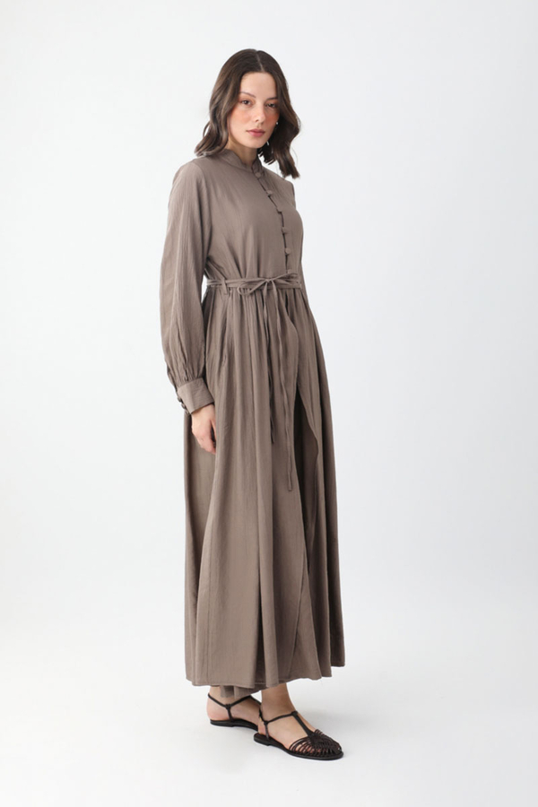 Yarım Düğmeli Abaya Takım Toprak - 3