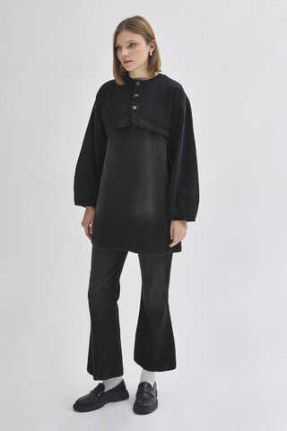 Yarım Düğmeli Denim Tunik Siyah - 5