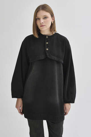 Yarım Düğmeli Denim Tunik Siyah - 6