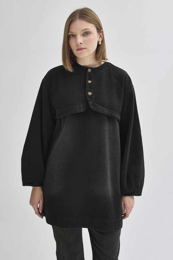 Yarım Düğmeli Denim Tunik Siyah - 6