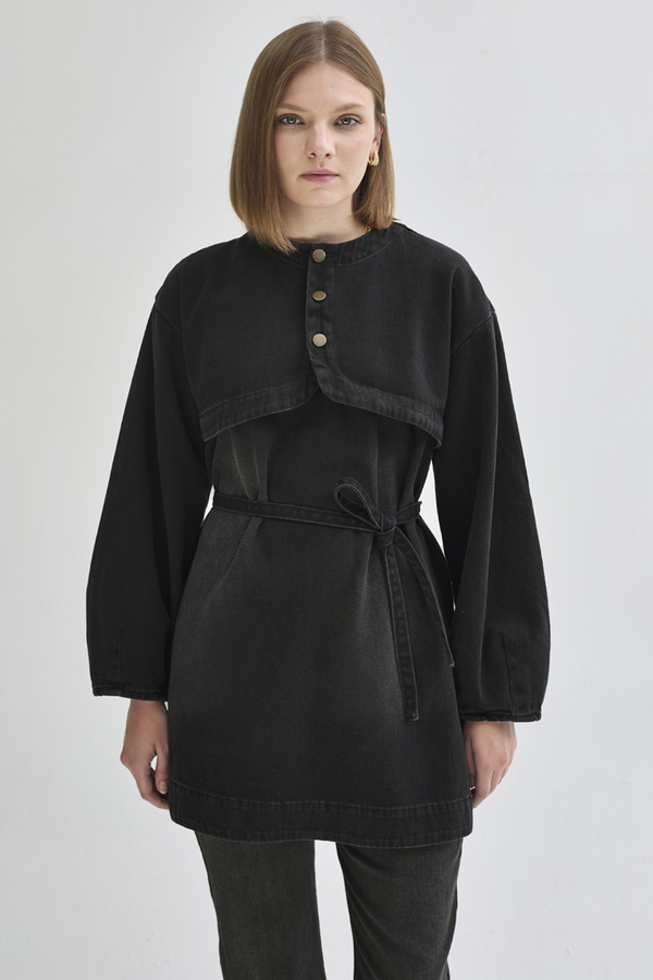 Yarım Düğmeli Denim Tunik Siyah - 3
