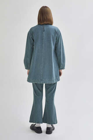 Yarım Düğmeli Denim Tunik Yeşil Tintli - 9